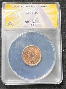 lot 19 image: 1906 US INDIAN HEAD CENT ANACS MS62 BRN