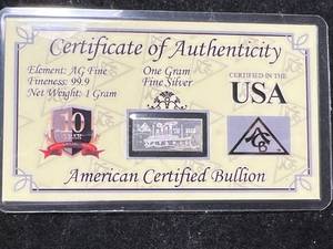 lot 33 image: 1 GRAM .999 FINE SILVER IN CARD
