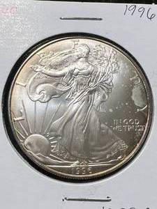 lot 76 image: 1996 AMERICAN SILVER EAGLE 1 TROY OZ .999 FINE SILVER