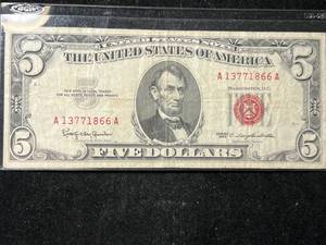 lot 94 image: 1963 US RED SEAL $5 NOTE