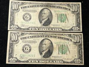 lot 95 image: 2 US GREEN SEAL $10 FEDERAL RESERVE NOTES 1934B-C