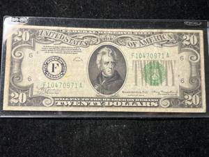 lot 96 image: 1934 US GREEN SEAL $20 FEDERAL RESERVE NOTE