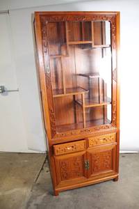 lot 8 image: Ornate Wooden Display Cabinet with Glass Doors