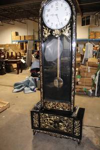 lot 10 image: Antique Black Lacquered Mauthe Grandfather Clock with Inlay Detail