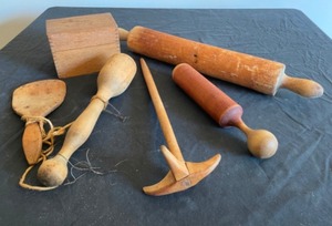 lot 31 image: Primitive Pestel, Masher, Rolling Pin, spoon, Box