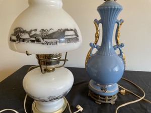 lot 80 image: Currier & Ives Farm Scene Lamp & Queen China Blue Lamp