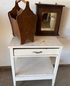 lot 150 image: White Painted Cabinet, Mirrored Wall Cabinet & Magazine Rack