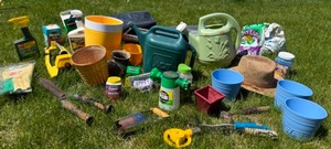 lot 156 image: Lets Do Some Gardening Chemicals, Pots, Water cans and Supplies