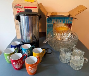 lot 189 image: Punch Bowl with Glasses and Coffee Maker with Mugs