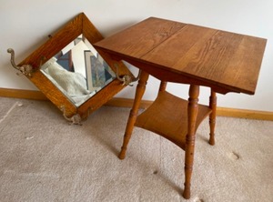 lot 39 image: Wooden Oak Table with Oak Mirrored HatCoat Rack with Brass Hangers