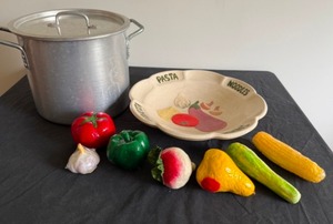 lot 102 image: Its Pasta Night Handcrafted Bowl, Paper Mache Vegetables & Cooking Pot