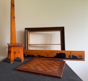 lot 99 image: Fabulous Collection of Wood Dcor--Chair, Shelf, Checkerboard and Painting