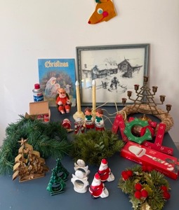 lot 141 image: Great Holiday Collection that includes Snow Picture, Choir Boy Candles, Garland, Brass Tree Candlestick and More