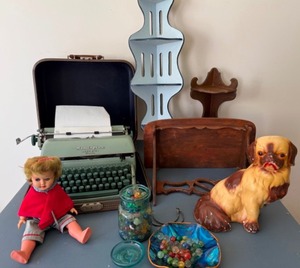 lot 177 image: Collection with Typewriter, Marbles, Pet Dog & Shelves