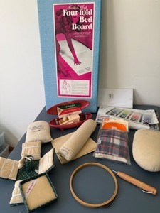 lot 134 image: Variety of Great Sewing Supplies Bed Ironing Board, Pressing Hams & Thread