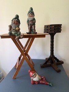 lot 142 image: 1970 Ceramic Garden Gnomes, Wooden Planter and Outdoor Folding Table