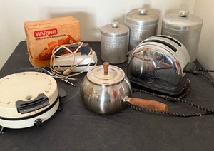 lot 174 image: Fun Vintage Lot with Toaster, Fondue Pot, Canisters, Waring Hand mixer & Waffle Maker