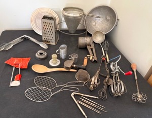 lot 174A image: Vintage Utensils with Strainers, Blenders, Nut Tools, Lids