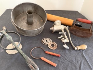 lot 201A image: Swans Down Cake Flour Pan , Iron Potato Ricer, Rolling Pin & Metal Grinder