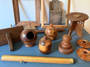 lot 179 image: Awesome Carved Containers in This Wood Lot With Shelves and Brass Candlesticks