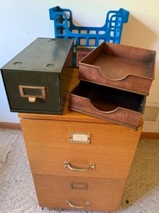 lot 200 image: Old Card File, Wooden File Cabinet & Desk Trays