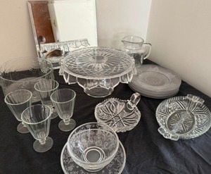 lot 148 image: Elegant Crystal Cake Stand & Other Beautiful Serving Pieces With An Accent Mirror