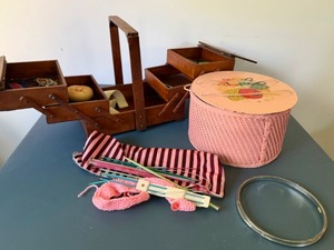 lot 114 image: Unique Sewing Basket and Sewing Wooden Box and Knitting Needle Carrier