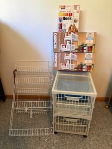 lot 95 image: Everything in its Place Crate Organizer, Over the Door Organizer, 2 New Sliding Basket Drawers and Snap On Hooks