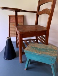 lot 131 image: Vintage School House Collection with Student Desk, Washboard Bulletin Board, Cheerleader Megaphone &Handcrafted Stool