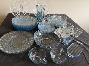 lot 84 image: Fabulous Anchor Hocking Blue Tint Bubble Dishes, Bowls, Fenton Vase, Butterdish Produced from 1942-48 Plus Lovely Fenton Vase