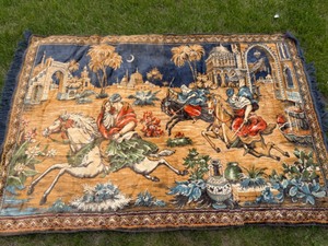 lot 29 image: Rare Find Arabian Nights Tapestry Blanket Style Wall Hanging in Red ,Gold, Orange Hues
