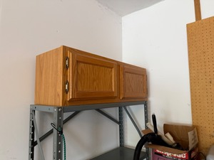 lot 222 image: Metal Garage Shelf and Wooden Storage Cabinet