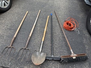 lot 218 image: Pitch Forks, Shovel, Broom Lawn Tools  & Orange Electric Cord