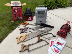 lot 217 image: Garage Tools--Shop Vac, Dirt Devil, Space Heater, and Saws
