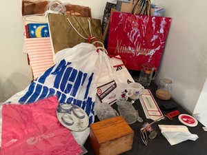 lot 35A image: Crazy Lot of Name Brand Items Vintage Phillips 66 Sundry Oil Co Metal Grabber from Wananingo, MN, 3M, Mickey Mouse, A&W, Flintstones Cups, Dakota Elec, Outdoor Thermometer, etc and Many Current & Out of Business Shopping Bags