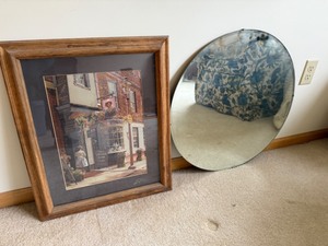 lot 190 image: Framed Vintage Dufex Foil Print Of Nell Gweynn House & 2 Round Mirrors