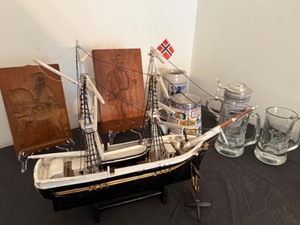 lot 21 image: Handcrafted Sailing Ship From the Past, Fabulous Wood Carving & Several Beer Steins