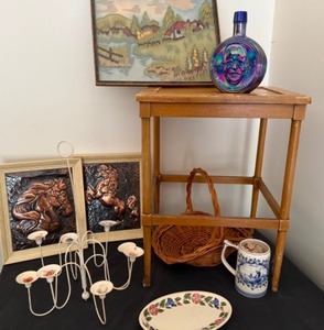 Items From The Past--Wheaton Teddy Roosevelt Decanter, Framed Stitchery Picture, Hammered Cooper Metal Pictures of Horses, Mid Century Table, Candlestick Light Fixture