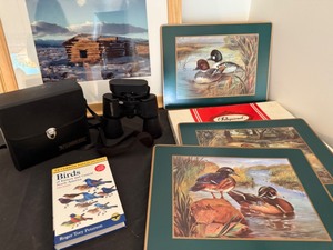 lot 147 image: Fujinon 2000 Binoculars, Three Pimpernel Placemats Original Art from Steven Paulson & Bird Book