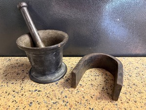 Rare Find--Cast Iron Mortar and Pestle with 1881 Noted on Bottom & Large U Shaped Metal Horseshoe