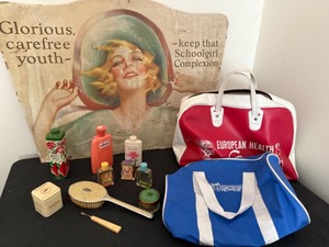 lot 49A image: Vintage Beauty Collection with Sign & Ordinal Dial Bottle & Ponds Perfumed Talc & Vintage Carrying Bags