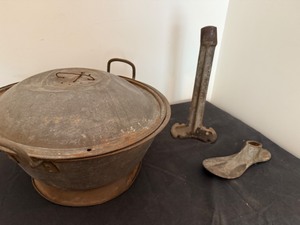 lot 158A image: Rusty Bread Dough Riser and Cast Iron Cobbler Shoe Repair & Shoe Form