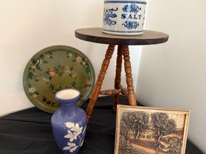 lot 97A image: Antique Stoneware Salt Crock, HandPainted Decorative Plate Dated 1950, Vintage Dimensional Picture, Elegant Vase, and Round Wooden Table with Spindle Legs