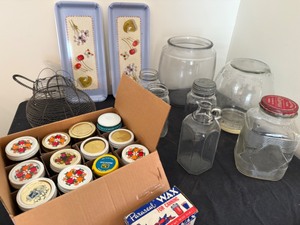 lot 89A image: Vintage Glass Jars One with Coffee Lid, 5 QT Jar with Writing, and a variety of Canning Jars