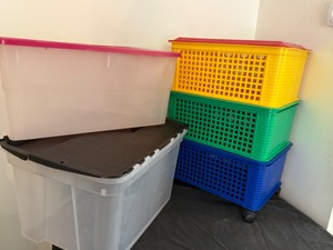 lot 224 image: BinsTotes and Colored Wheel Storage Cart