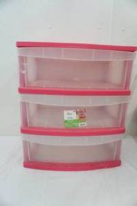 lot 35 image: Pink Mainstays 3 drawer storage cart 21x 14x 26