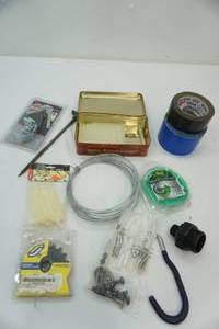 lot 97 image: Hardware Lot tape, trimmer line, wire, band clamp, glue sticks