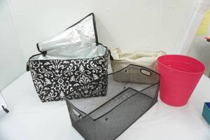 lot 343 image: black & white zipper collapsible cooler, wire basket & more