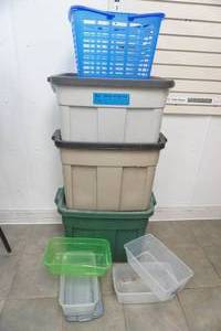 lot 421 image: 3 large Rubbermaid totes with lids  4 small containers with 1 lid & basket
