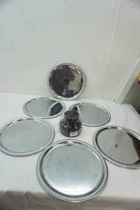 lot 443 image: 14 silver toned serving trays & duct adaptor